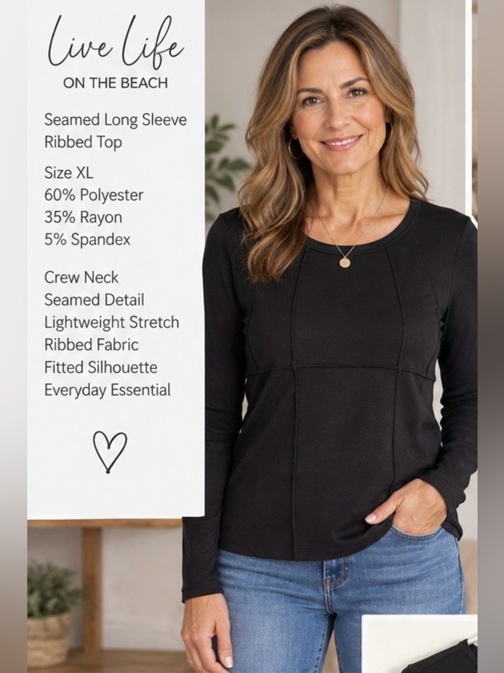Cupshe Black Seamed Long Sleeve Ribbed Top NWT